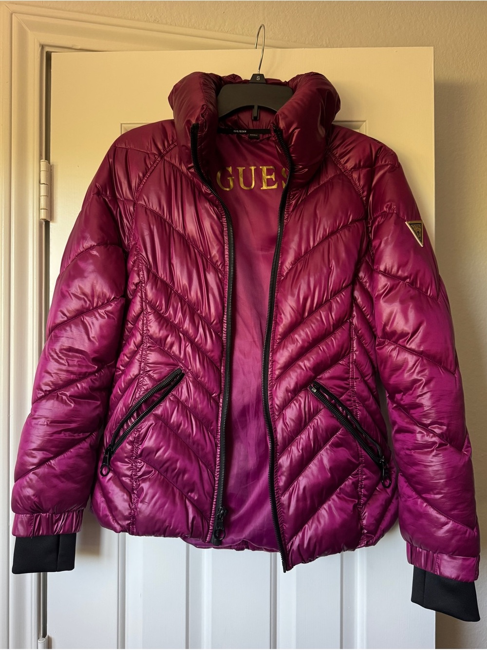 GUESS Women's Fuchsia Quilted Puffer Jacket
